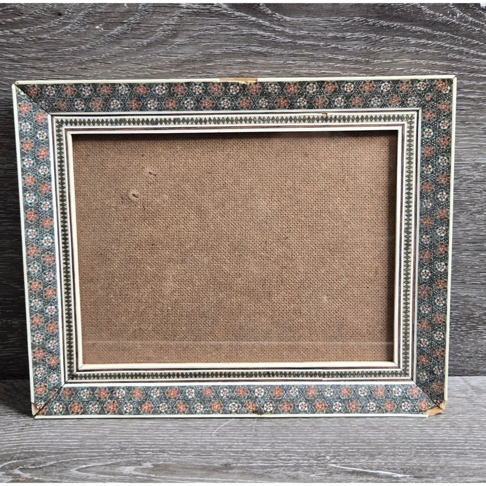 Vintage Middle Eastern Moroccan Kari Inlay Marquetry Wood Frame Geometric Mosaic